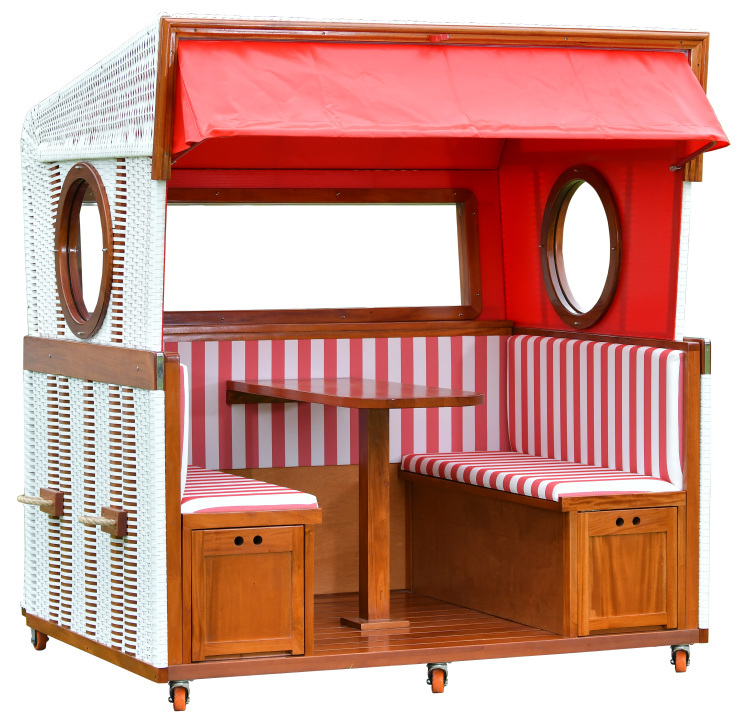 Gosch-Lounge-Strandkorb-6-Sitzer-Mahagoni-PVC-Weiss-Dessin-RotWeiss-1